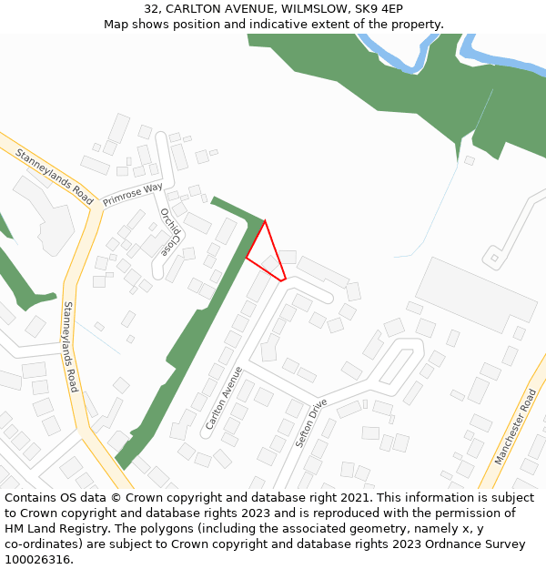 32, CARLTON AVENUE, WILMSLOW, SK9 4EP: Location map and indicative extent of plot