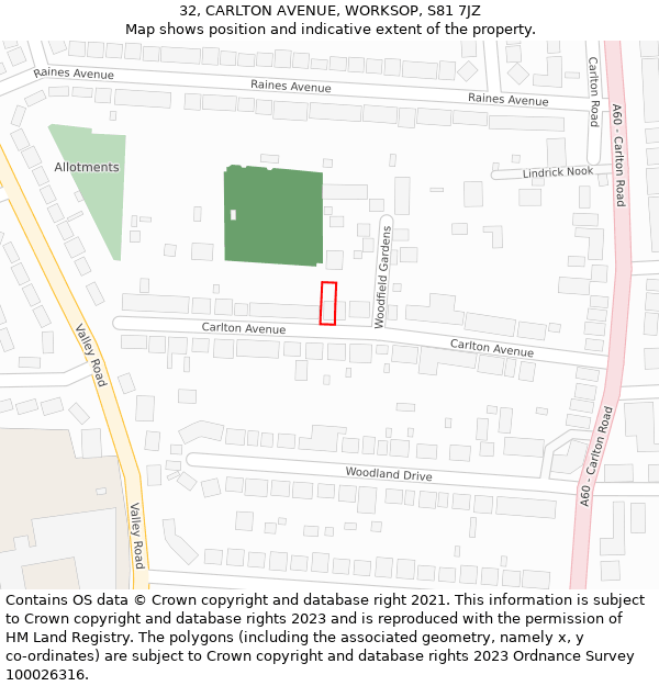 32, CARLTON AVENUE, WORKSOP, S81 7JZ: Location map and indicative extent of plot