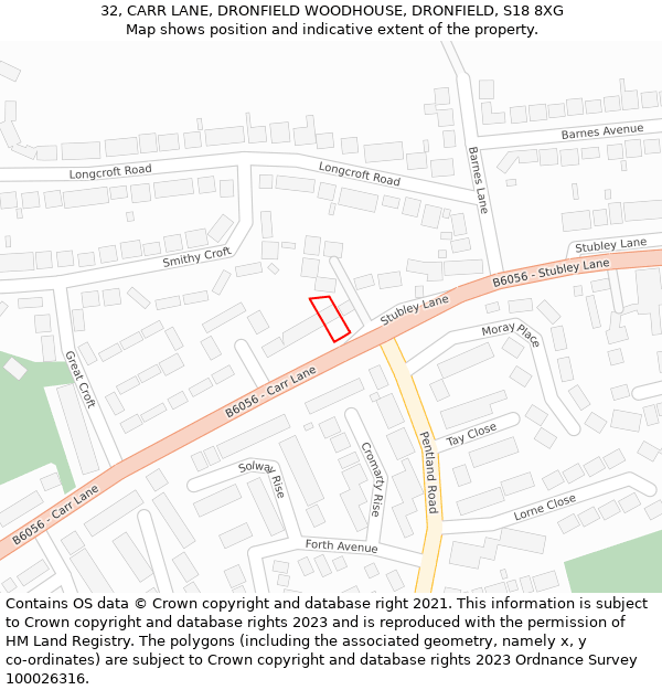 32, CARR LANE, DRONFIELD WOODHOUSE, DRONFIELD, S18 8XG: Location map and indicative extent of plot