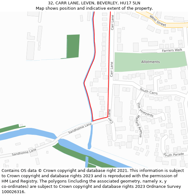 32, CARR LANE, LEVEN, BEVERLEY, HU17 5LN: Location map and indicative extent of plot