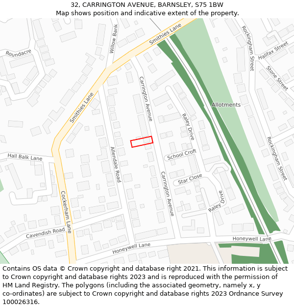 32, CARRINGTON AVENUE, BARNSLEY, S75 1BW: Location map and indicative extent of plot