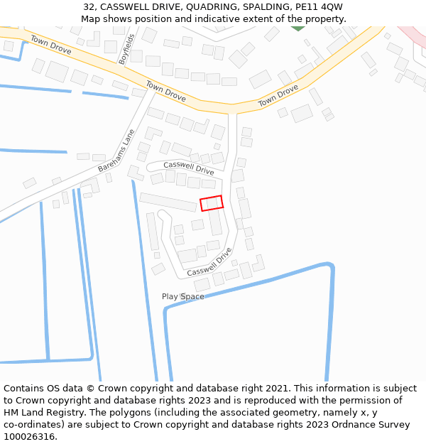 32, CASSWELL DRIVE, QUADRING, SPALDING, PE11 4QW: Location map and indicative extent of plot