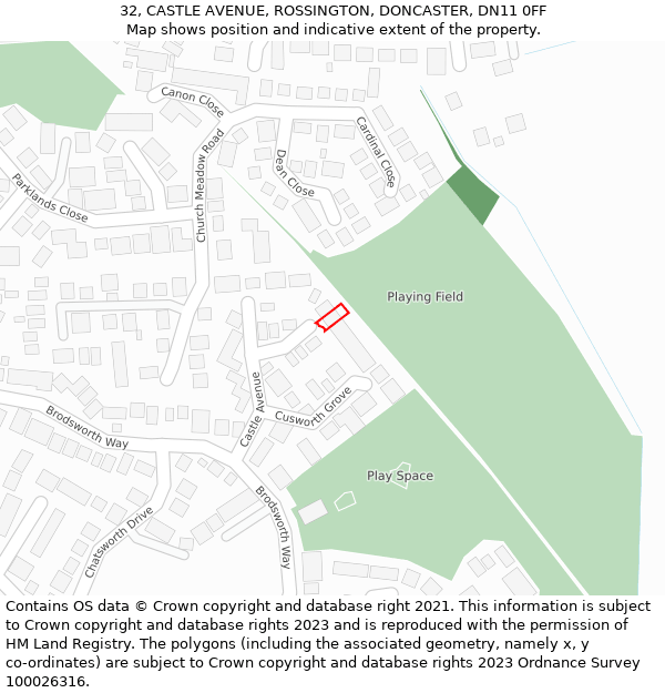 32, CASTLE AVENUE, ROSSINGTON, DONCASTER, DN11 0FF: Location map and indicative extent of plot