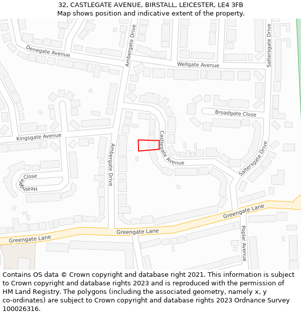 32, CASTLEGATE AVENUE, BIRSTALL, LEICESTER, LE4 3FB: Location map and indicative extent of plot