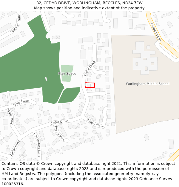 32, CEDAR DRIVE, WORLINGHAM, BECCLES, NR34 7EW: Location map and indicative extent of plot