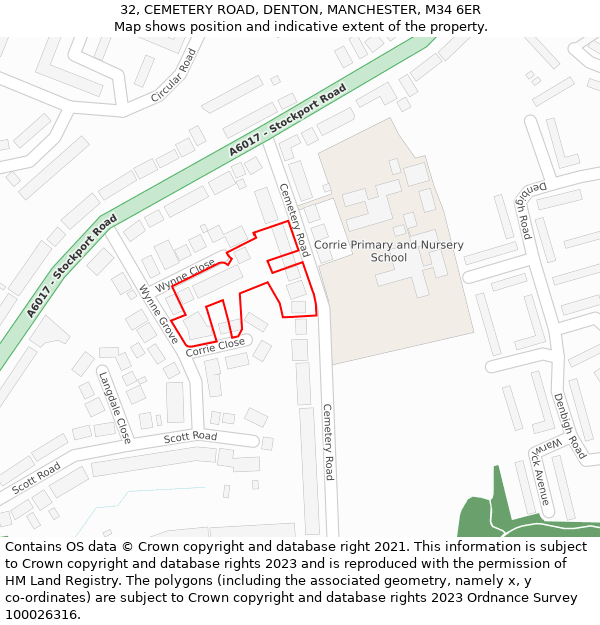 32, CEMETERY ROAD, DENTON, MANCHESTER, M34 6ER: Location map and indicative extent of plot