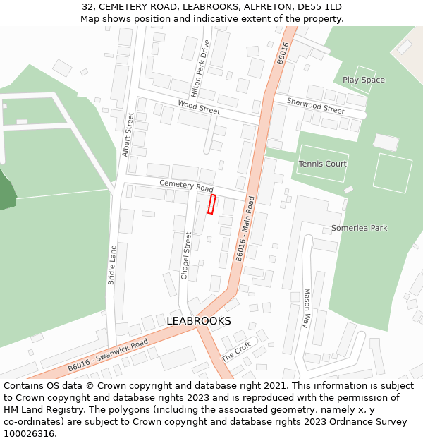 32, CEMETERY ROAD, LEABROOKS, ALFRETON, DE55 1LD: Location map and indicative extent of plot