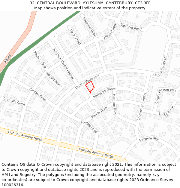 32, CENTRAL BOULEVARD, AYLESHAM, CANTERBURY, CT3 3FF: Location map and indicative extent of plot