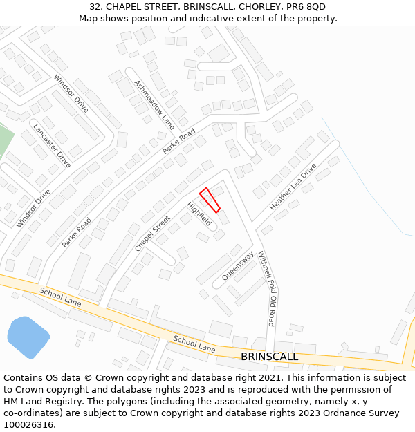 32, CHAPEL STREET, BRINSCALL, CHORLEY, PR6 8QD: Location map and indicative extent of plot