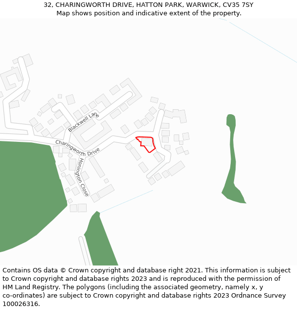 32, CHARINGWORTH DRIVE, HATTON PARK, WARWICK, CV35 7SY: Location map and indicative extent of plot