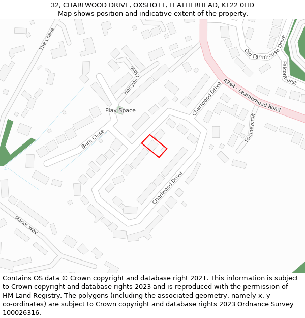 32, CHARLWOOD DRIVE, OXSHOTT, LEATHERHEAD, KT22 0HD: Location map and indicative extent of plot