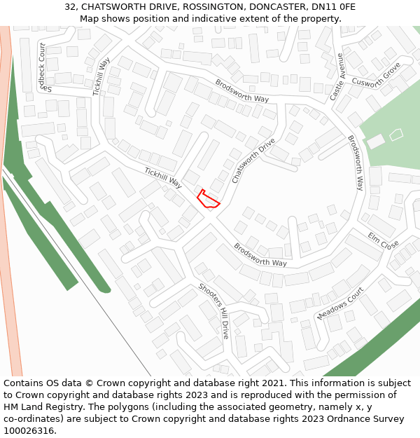 32, CHATSWORTH DRIVE, ROSSINGTON, DONCASTER, DN11 0FE: Location map and indicative extent of plot