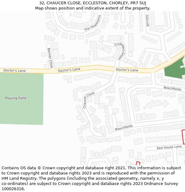 32, CHAUCER CLOSE, ECCLESTON, CHORLEY, PR7 5UJ: Location map and indicative extent of plot