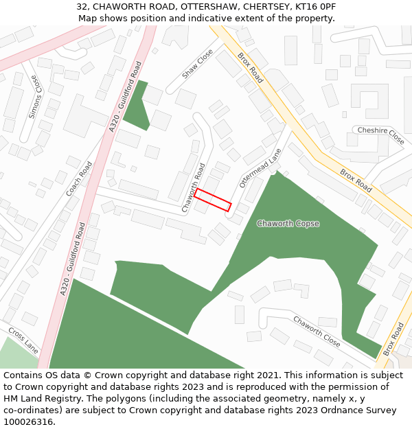 32, CHAWORTH ROAD, OTTERSHAW, CHERTSEY, KT16 0PF: Location map and indicative extent of plot
