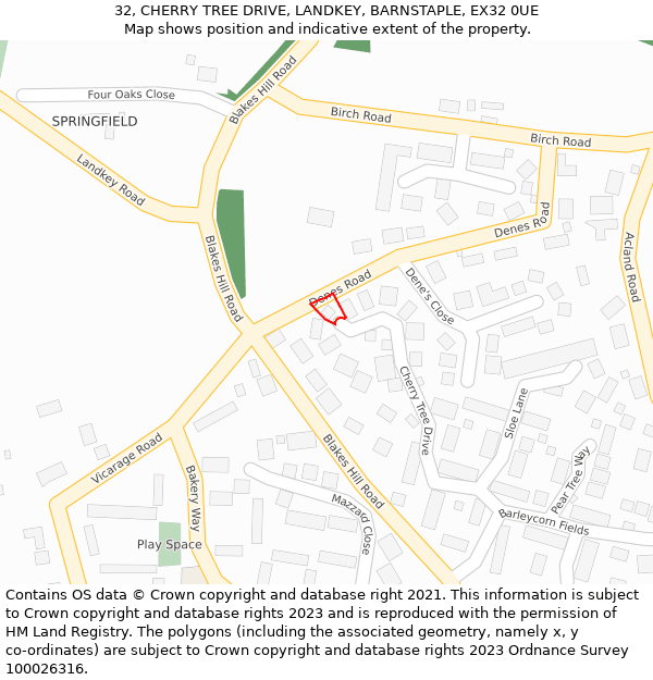 32, CHERRY TREE DRIVE, LANDKEY, BARNSTAPLE, EX32 0UE: Location map and indicative extent of plot