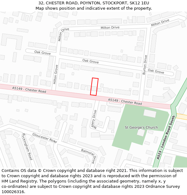 32, CHESTER ROAD, POYNTON, STOCKPORT, SK12 1EU: Location map and indicative extent of plot