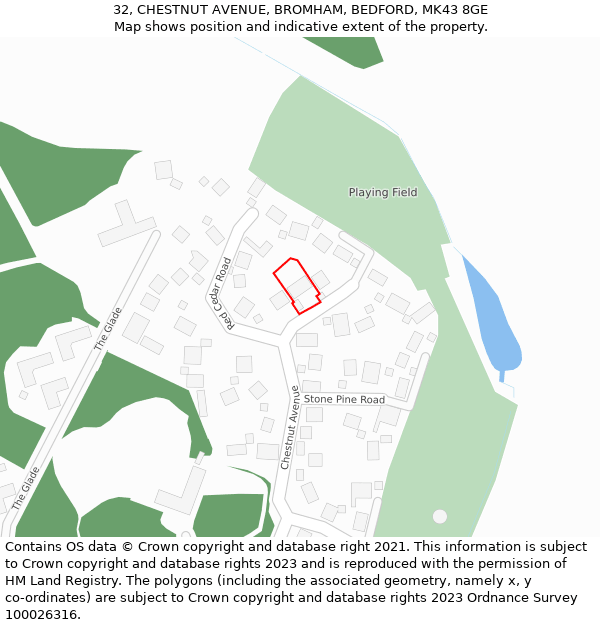32, CHESTNUT AVENUE, BROMHAM, BEDFORD, MK43 8GE: Location map and indicative extent of plot