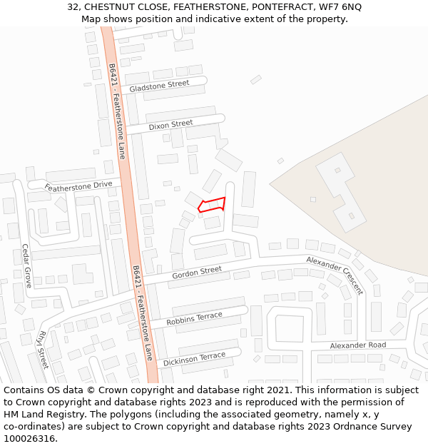 32, CHESTNUT CLOSE, FEATHERSTONE, PONTEFRACT, WF7 6NQ: Location map and indicative extent of plot