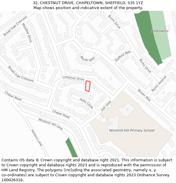 32, CHESTNUT DRIVE, CHAPELTOWN, SHEFFIELD, S35 1YZ: Location map and indicative extent of plot
