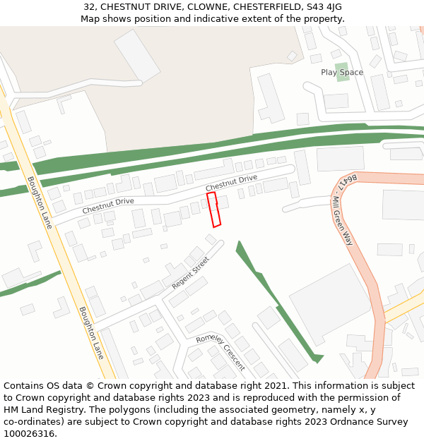 32, CHESTNUT DRIVE, CLOWNE, CHESTERFIELD, S43 4JG: Location map and indicative extent of plot