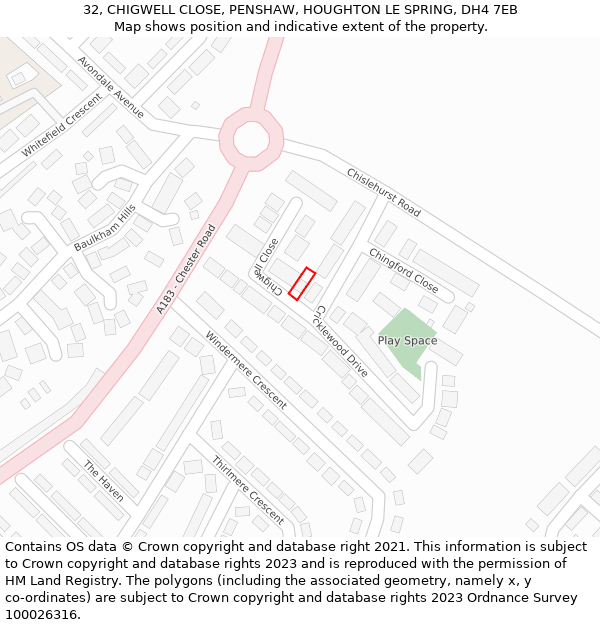 32, CHIGWELL CLOSE, PENSHAW, HOUGHTON LE SPRING, DH4 7EB: Location map and indicative extent of plot