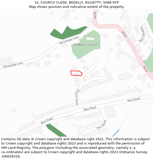 32, CHURCH CLOSE, BEGELLY, KILGETTY, SA68 0YP: Location map and indicative extent of plot