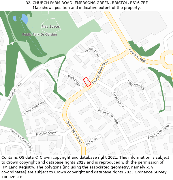 32, CHURCH FARM ROAD, EMERSONS GREEN, BRISTOL, BS16 7BF: Location map and indicative extent of plot