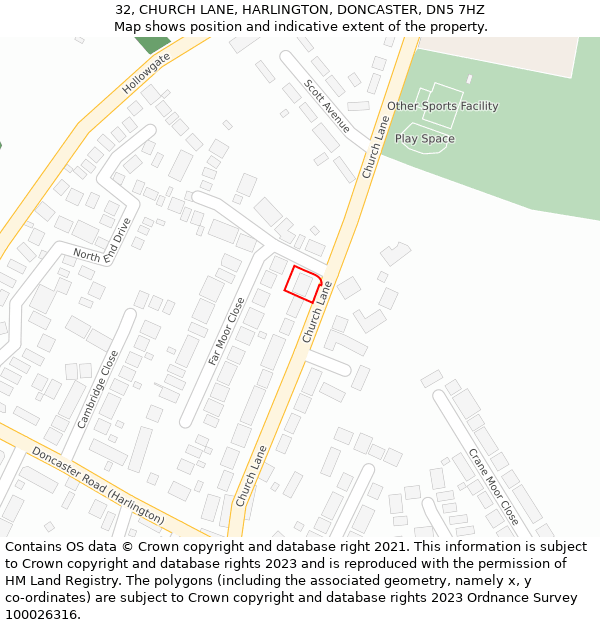 32, CHURCH LANE, HARLINGTON, DONCASTER, DN5 7HZ: Location map and indicative extent of plot