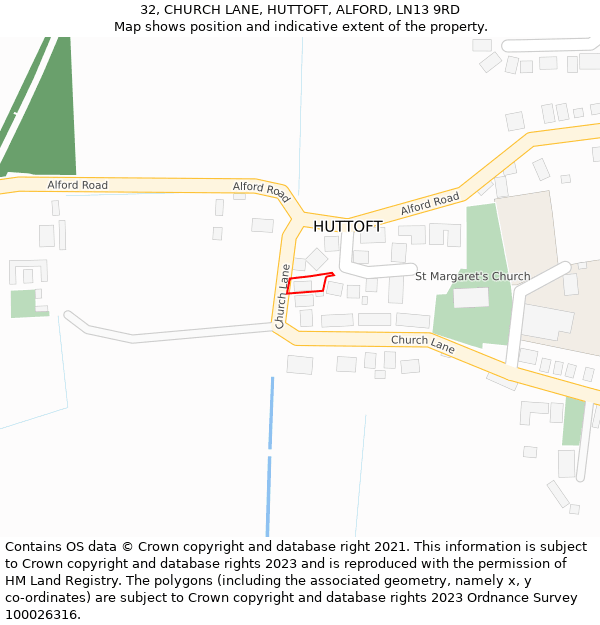 32, CHURCH LANE, HUTTOFT, ALFORD, LN13 9RD: Location map and indicative extent of plot