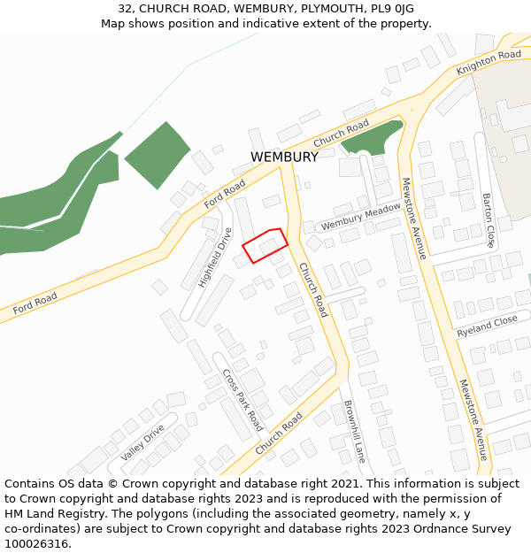 32, CHURCH ROAD, WEMBURY, PLYMOUTH, PL9 0JG: Location map and indicative extent of plot