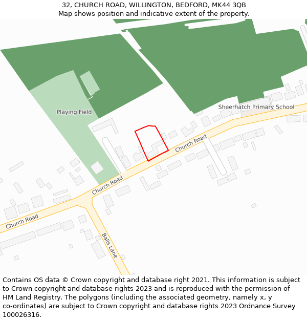 32, CHURCH ROAD, WILLINGTON, BEDFORD, MK44 3QB: Location map and indicative extent of plot