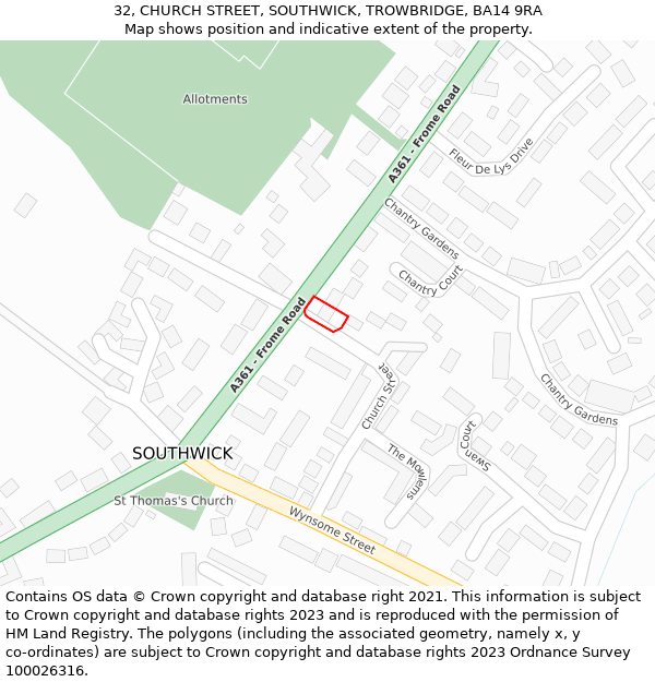 32, CHURCH STREET, SOUTHWICK, TROWBRIDGE, BA14 9RA: Location map and indicative extent of plot