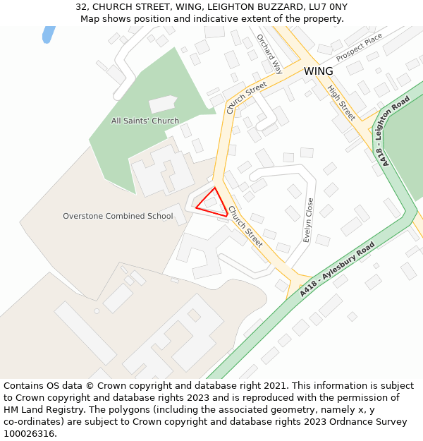 32, CHURCH STREET, WING, LEIGHTON BUZZARD, LU7 0NY: Location map and indicative extent of plot
