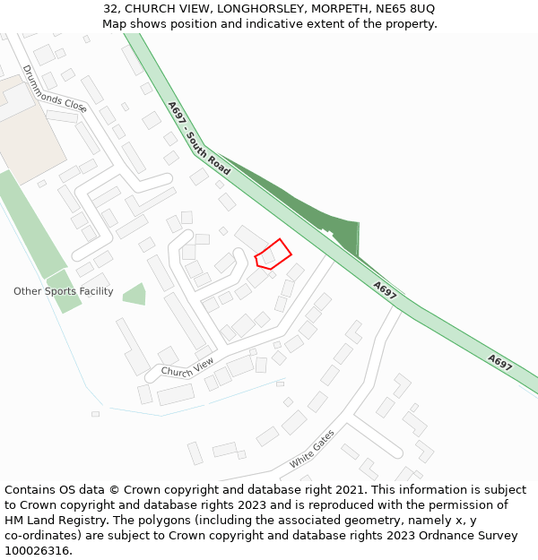 32, CHURCH VIEW, LONGHORSLEY, MORPETH, NE65 8UQ: Location map and indicative extent of plot