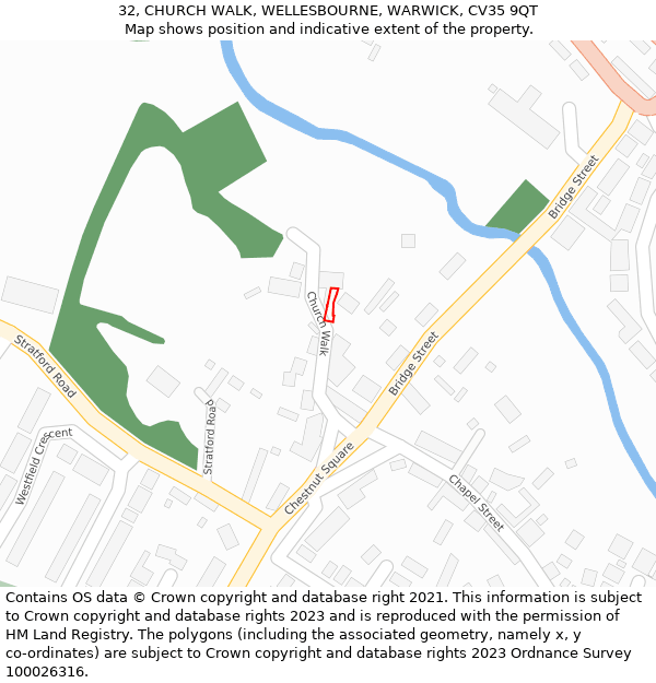32, CHURCH WALK, WELLESBOURNE, WARWICK, CV35 9QT: Location map and indicative extent of plot