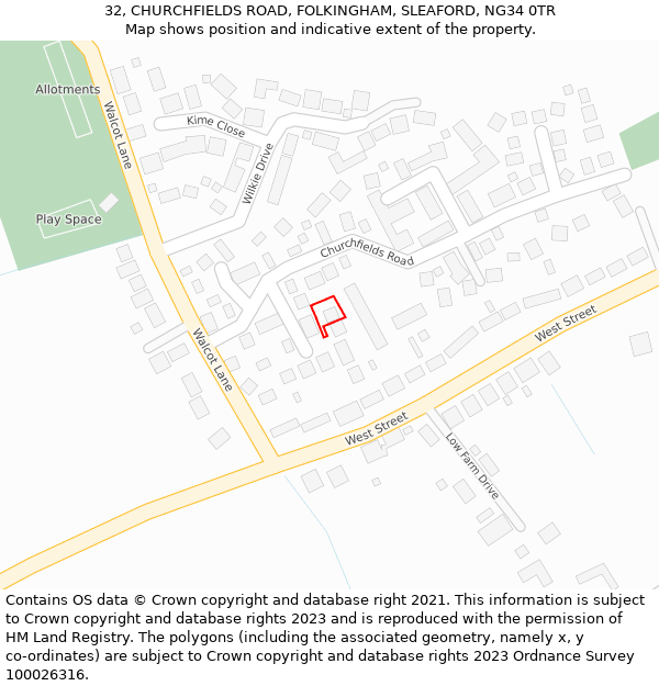 32, CHURCHFIELDS ROAD, FOLKINGHAM, SLEAFORD, NG34 0TR: Location map and indicative extent of plot