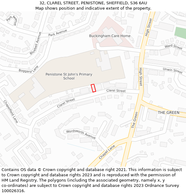 32, CLAREL STREET, PENISTONE, SHEFFIELD, S36 6AU: Location map and indicative extent of plot