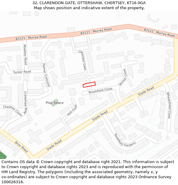 32, CLARENDON GATE, OTTERSHAW, CHERTSEY, KT16 0GA: Location map and indicative extent of plot