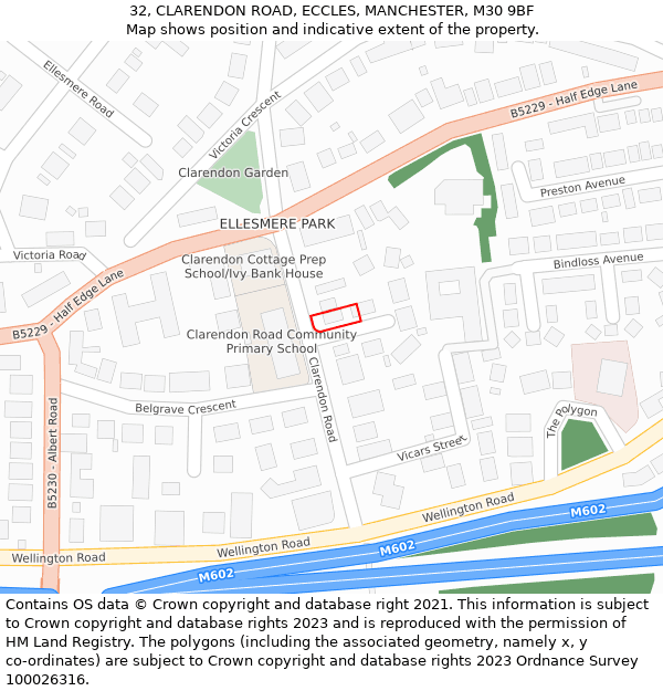 32, CLARENDON ROAD, ECCLES, MANCHESTER, M30 9BF: Location map and indicative extent of plot