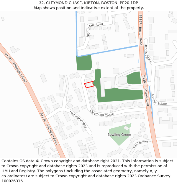 32, CLEYMOND CHASE, KIRTON, BOSTON, PE20 1DP: Location map and indicative extent of plot