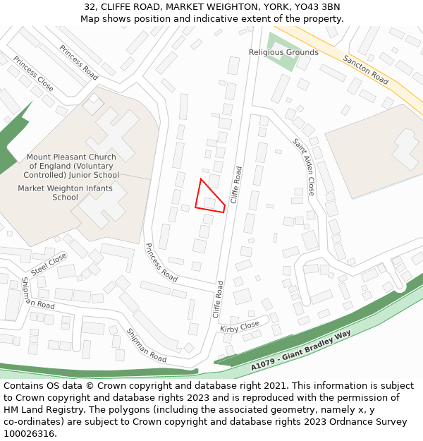 32, CLIFFE ROAD, MARKET WEIGHTON, YORK, YO43 3BN: Location map and indicative extent of plot