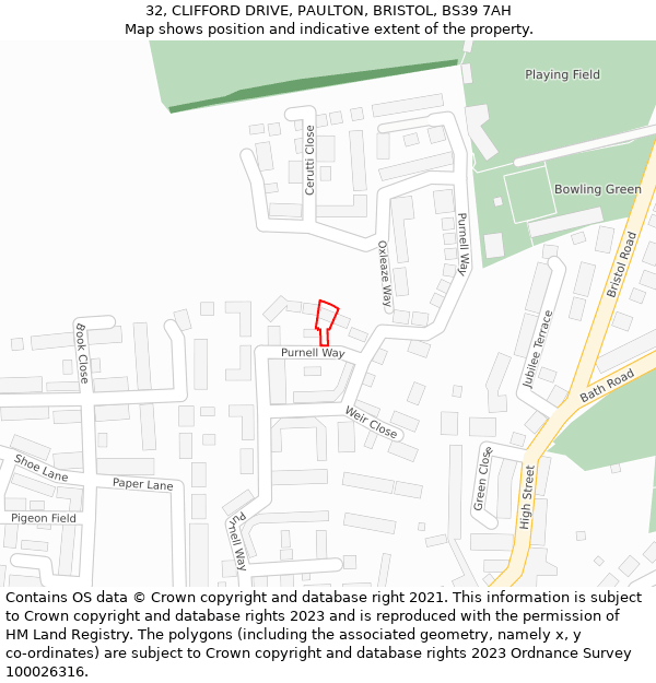 32, CLIFFORD DRIVE, PAULTON, BRISTOL, BS39 7AH: Location map and indicative extent of plot