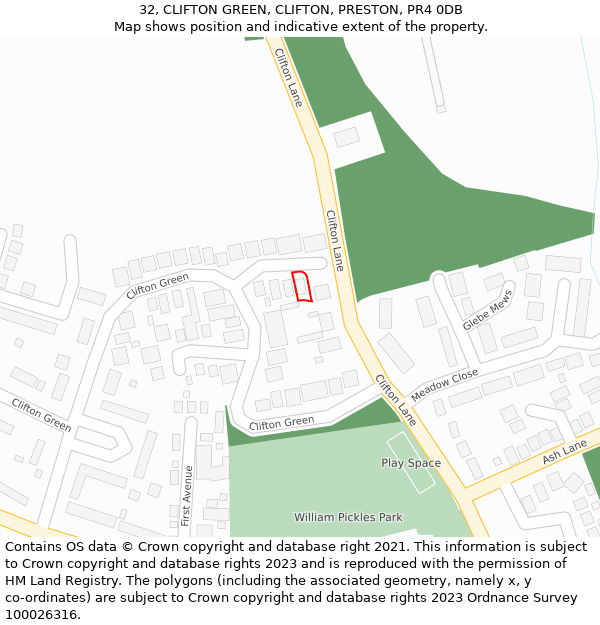 32, CLIFTON GREEN, CLIFTON, PRESTON, PR4 0DB: Location map and indicative extent of plot