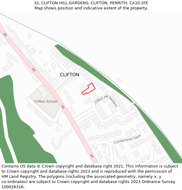 32, CLIFTON HILL GARDENS, CLIFTON, PENRITH, CA10 2FE: Location map and indicative extent of plot