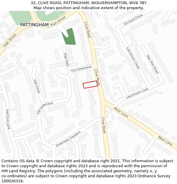 32, CLIVE ROAD, PATTINGHAM, WOLVERHAMPTON, WV6 7BY: Location map and indicative extent of plot