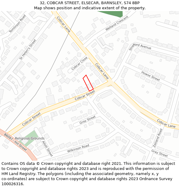 32, COBCAR STREET, ELSECAR, BARNSLEY, S74 8BP: Location map and indicative extent of plot