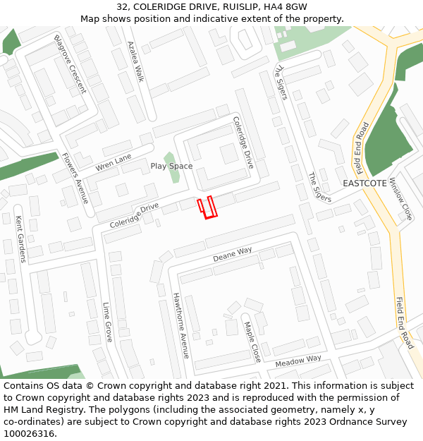 32, COLERIDGE DRIVE, RUISLIP, HA4 8GW: Location map and indicative extent of plot