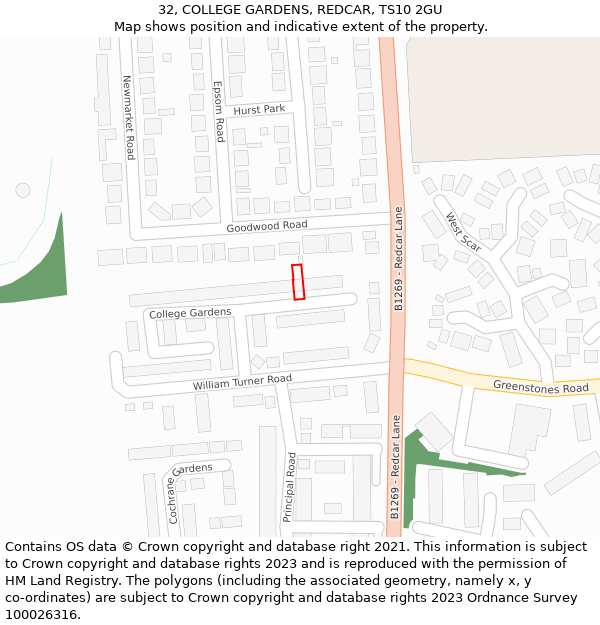 32, COLLEGE GARDENS, REDCAR, TS10 2GU: Location map and indicative extent of plot