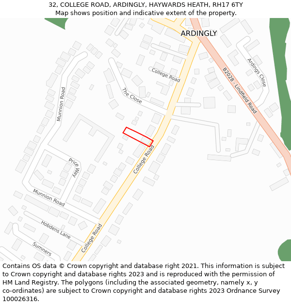 32, COLLEGE ROAD, ARDINGLY, HAYWARDS HEATH, RH17 6TY: Location map and indicative extent of plot