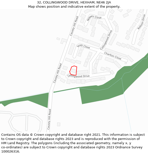 32, COLLINGWOOD DRIVE, HEXHAM, NE46 2JA: Location map and indicative extent of plot